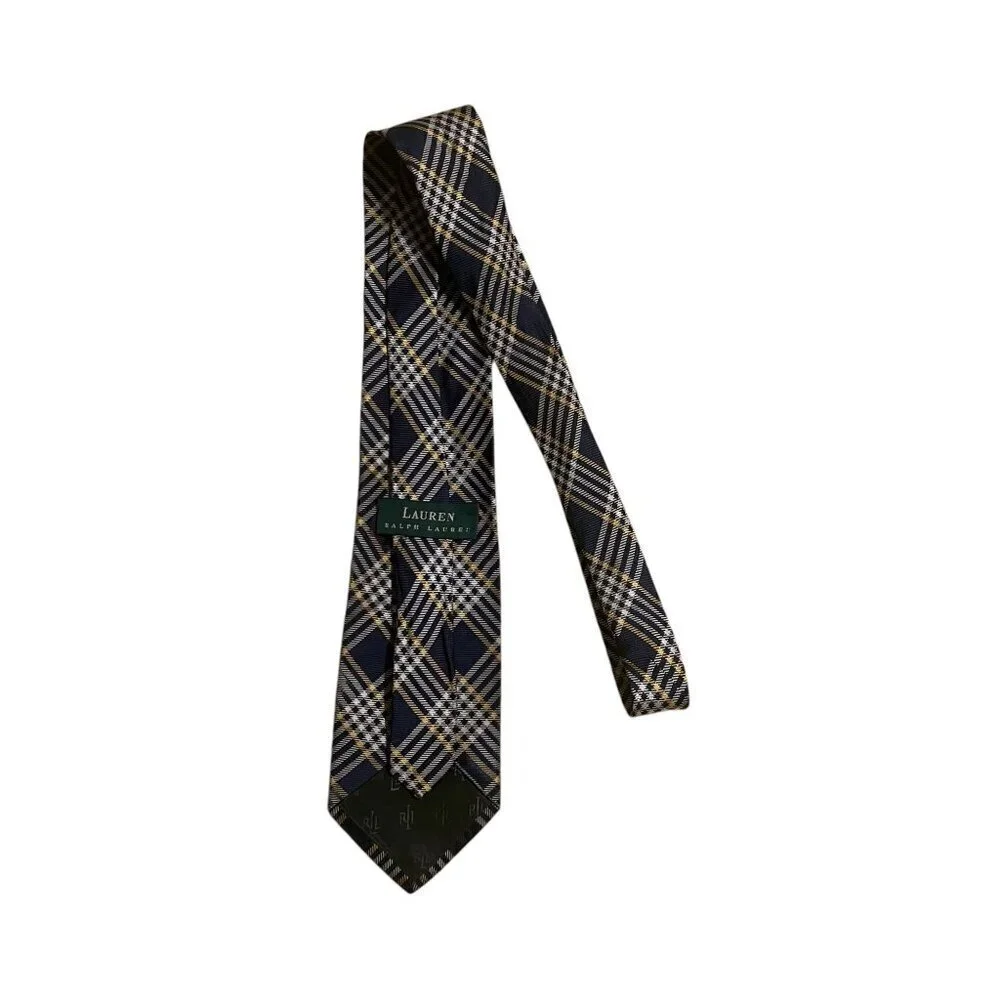 Lauren Ralph Lauren Navy & Yellow Plaid Silk Tie For Men